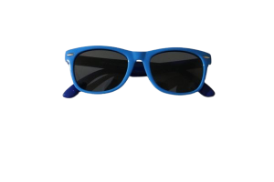 Baby wearing Premium Ultraflex Sunnies – Blue & Navy, flexible baby sunglasses with UV protection
