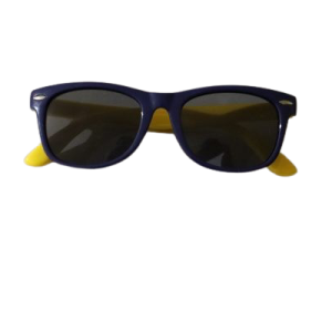 Baby wearing Premium Ultraflex Sunnies – Navy & Yellow, flexible baby sunglasses with UV protection